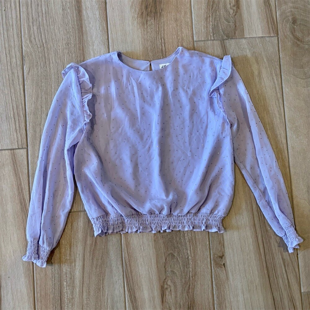 H&M Girls Blouse Size 14-15 Lavender Glitter Dot Ruffle Long Sleeve
